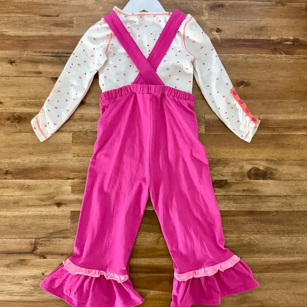 Wildflowers Girls First Love Pink Ruffled Overalls with Cream Heart Top Set 4